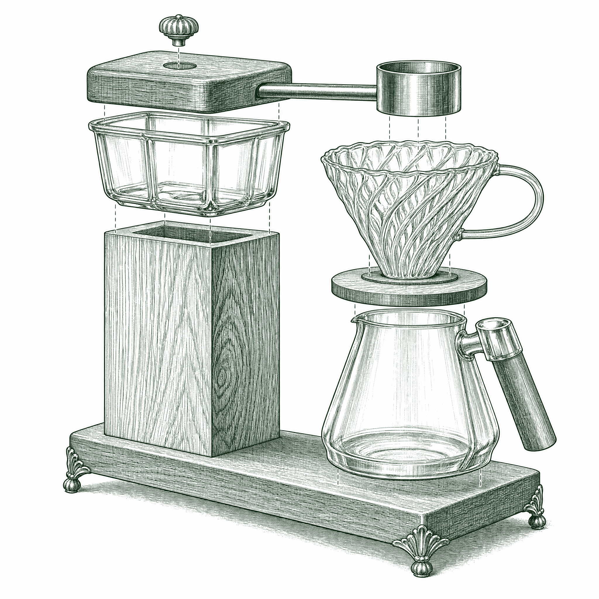 Engraved patent-style drawing of the Heritage Drip's two-tower build: walnut column carrying the glass water chamber and walnut lid, the brass-dressed shower arm suspended over the swirled glass brew cone in its walnut collar, and the glass carafe below, all on one footed walnut base