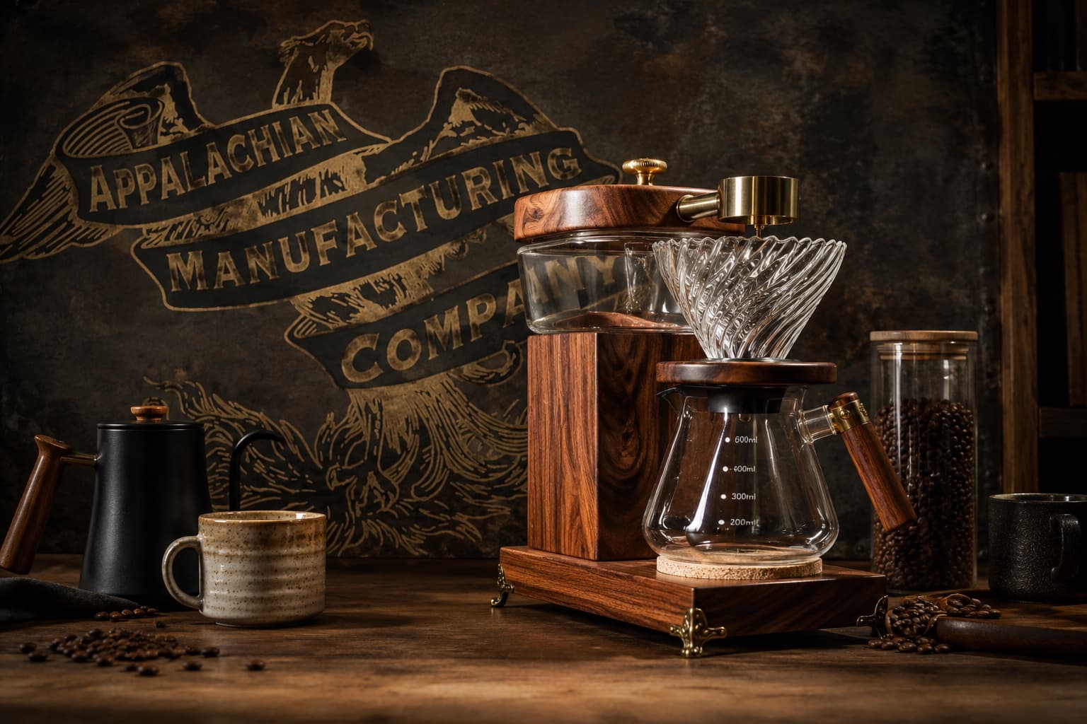 The Heritage Drip — walnut body, brass-dressed hardware, swirled glass brew cone, and glass carafe — standing before a dark wall bearing the gilded Appalachian Manufacturing Company eagle