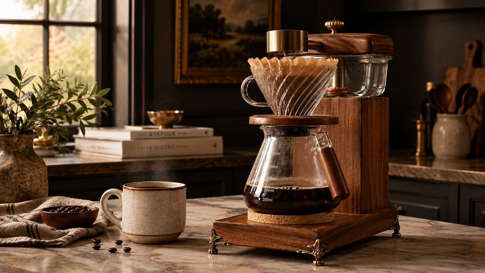 The Heritage Drip brewing on a marble counter, steam rising, a paper filter seated in the swirled glass cone and coffee in the carafe
