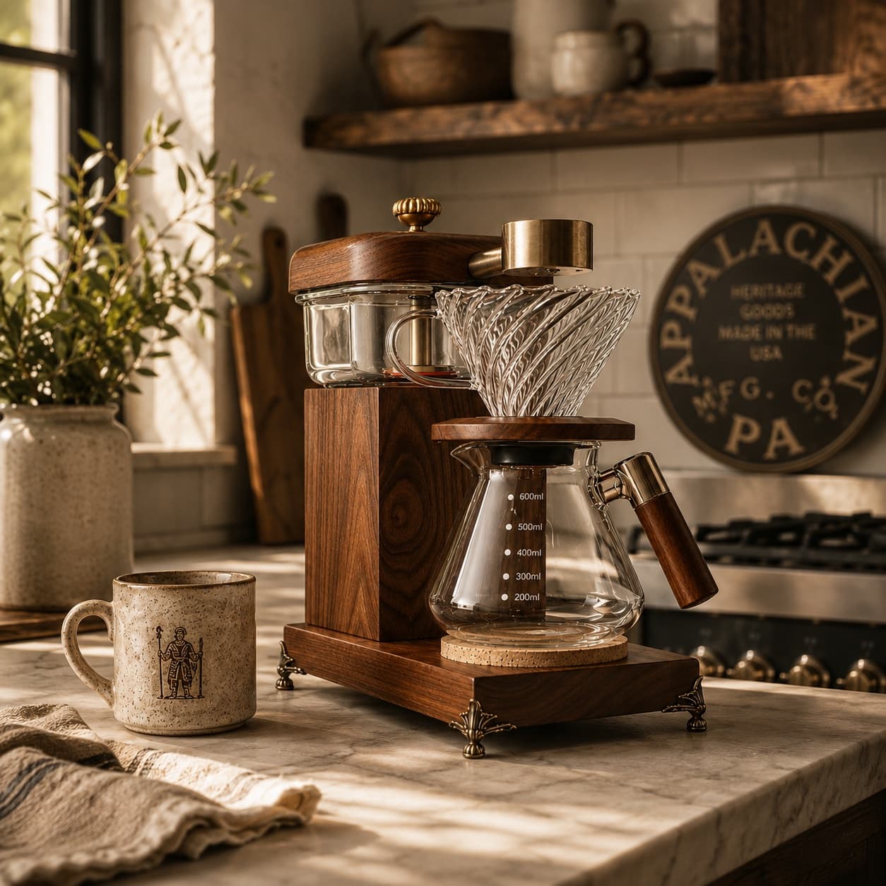 The Heritage Drip in morning light on a marble counter, the Appalachian MFG. Co. roundel sign on the wall behind it