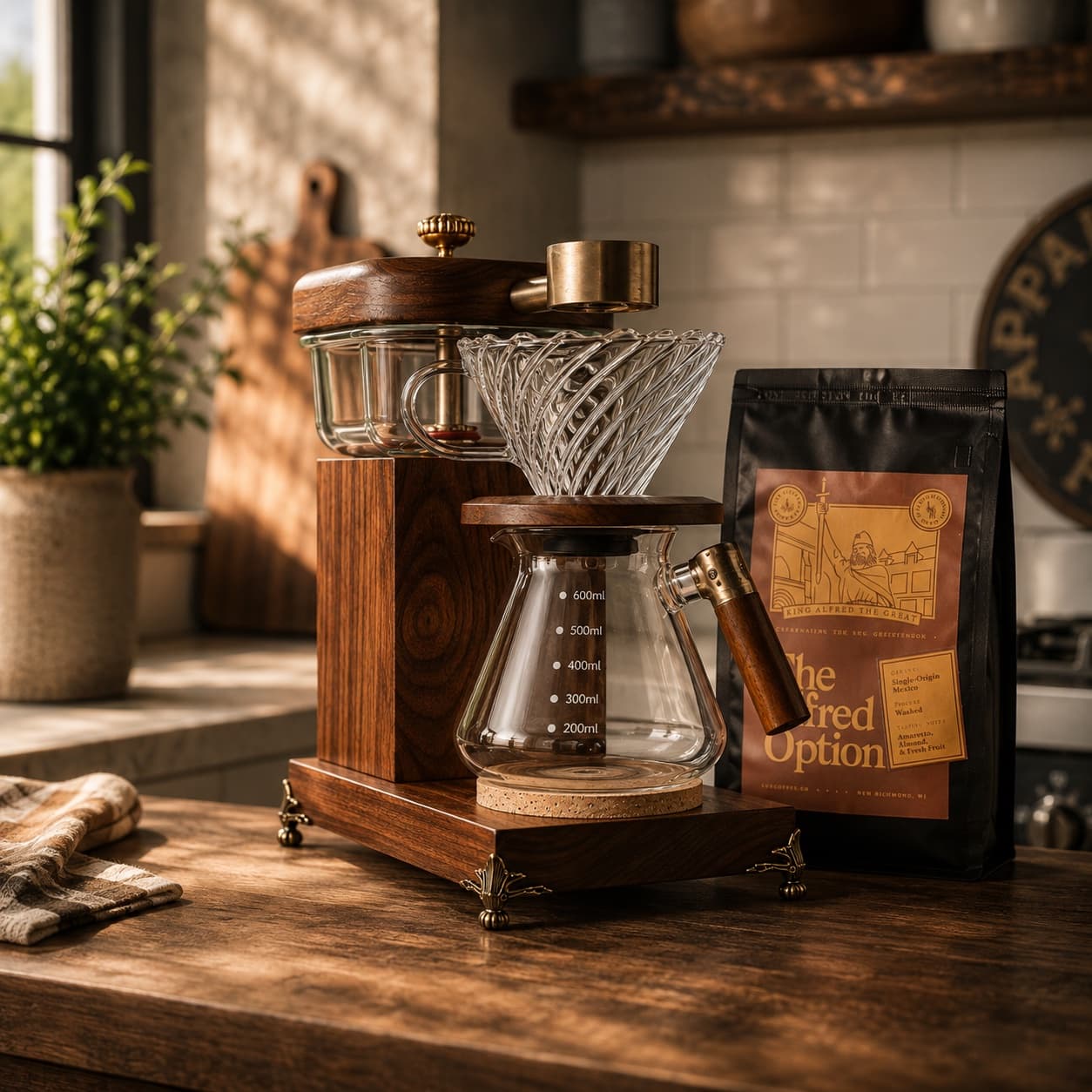 The Heritage Drip beside a bag of fresh-roasted coffee on a wooden counter