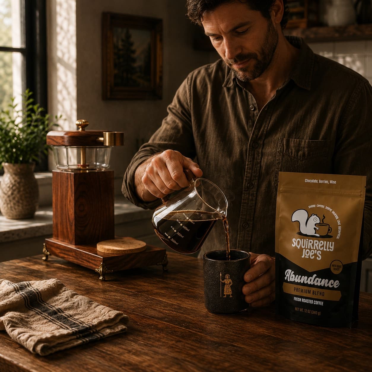 A man pours coffee from the Heritage Drip's glass carafe into a dark stoneware mug at a wooden table