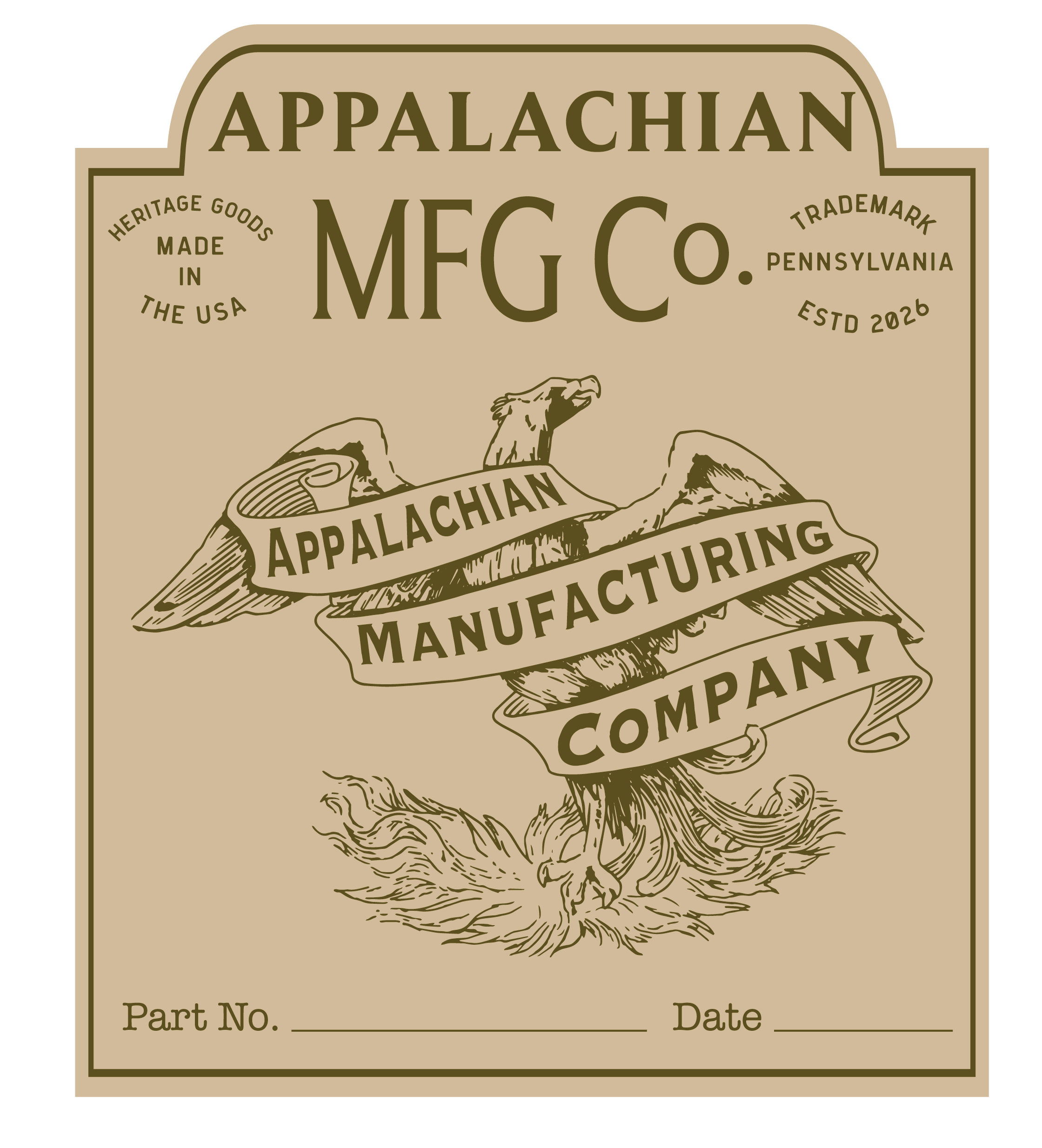 Appalachian Manufacturing Co. kraft product tag with part number and date fields